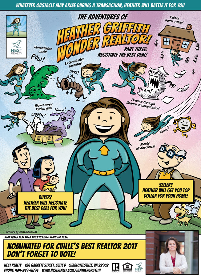 Heather Griffith, Wonder Realtor part 3. Comic book style ad for C-ville Weekly