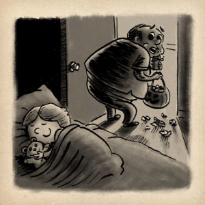 Dad can't stop himself from eating all his child's Halloween candy.