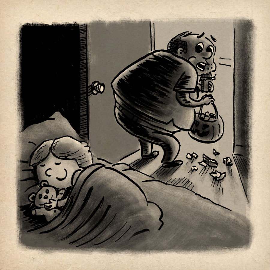 Dad can't stop himself from eating all his child's Halloween candy.