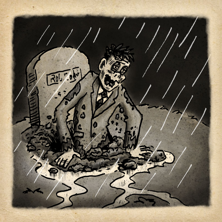 Zombie claws his way out of the grave on a rainy night.