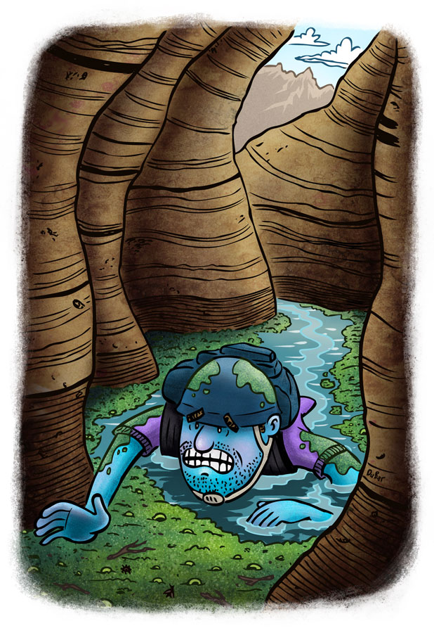 Swimming through freezing cold water covered in algae, sticks, and dead bugs while hiking in Egypt 3 Canyon, Utah.