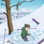 Skier taking an avalanche rescue course has trouble finding where the instructor hid the avalanche beacon as a squirrel looks on. Editorial illustration by Scott DuBar.